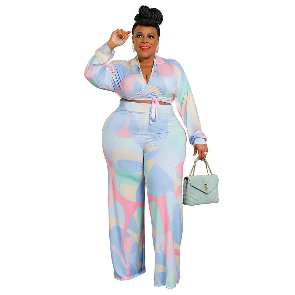 Houndstooth/Floral Tie-Dye Print Deep V-Neck Women's Long Sleeve Crop Top + Pants 2-Piece Set to 5X Plus Size