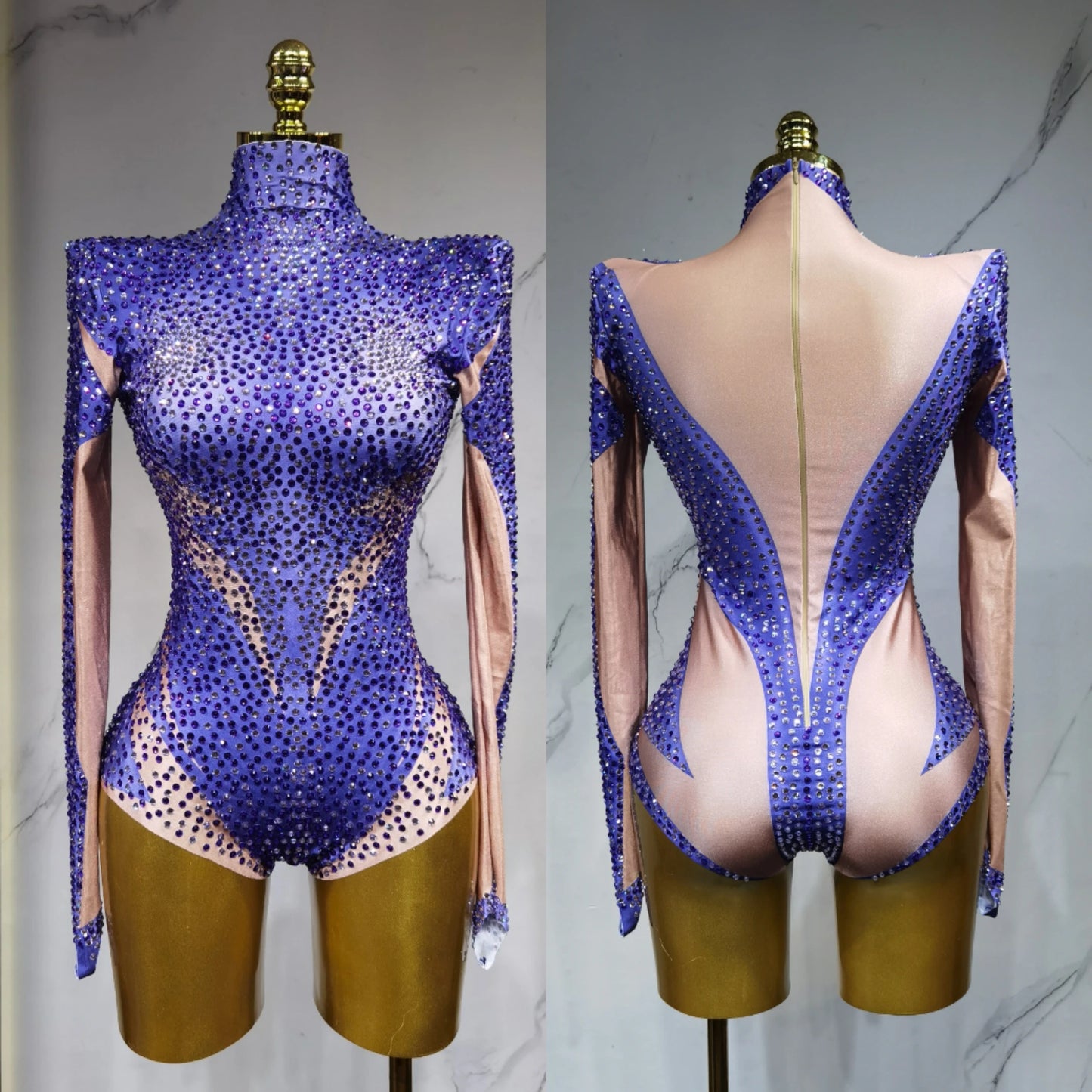 Sparkling Rhinestone Hollow-Out Long Sleeve Stage Formal Stage Performance Skin Tight Bodysuit