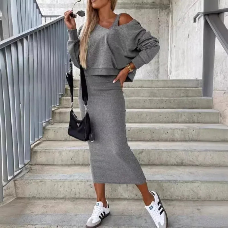 "NOPE NOT TODAY"/Colorblock Plaid/Solid Color Off-the-Shoulder Long Batwing Sleeve Sweatshirt + Skinny Knitted Maxi Skirt 2-Piece Set