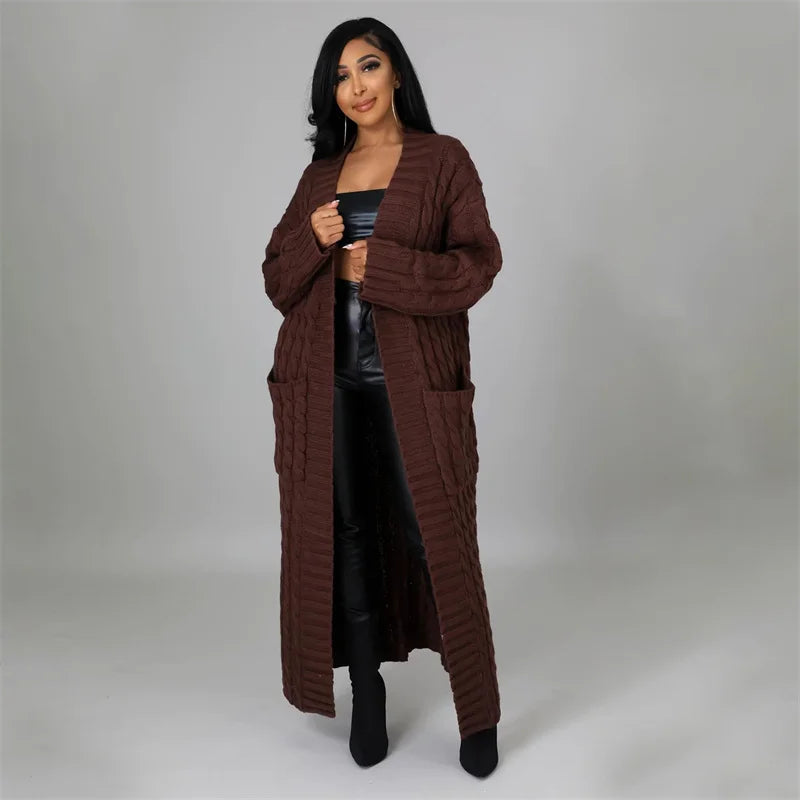 Knitted Weave Pattern Ribbed Maxi Cardigan Sweater