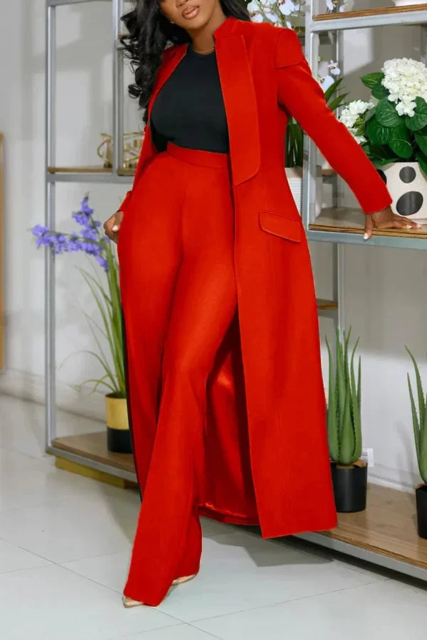 Notched Collar Solid Color Pocketed Maxi Trench Blazer + Pants Women's Office/Formal Party Suit