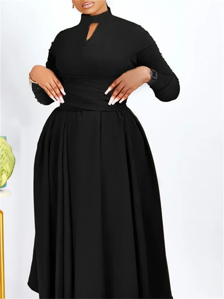 Wrapped Waist Solid Color Long Sleeve Maxi Dress