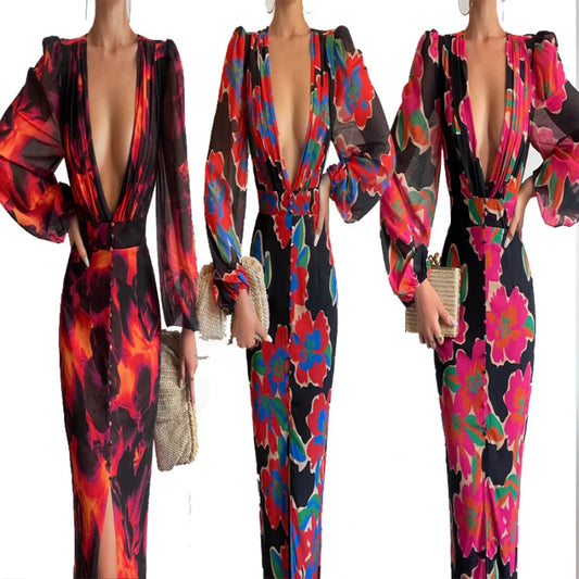 Assorted Leopard Floral Print Deep V-Neck Long Sleeve Maxi Dresses