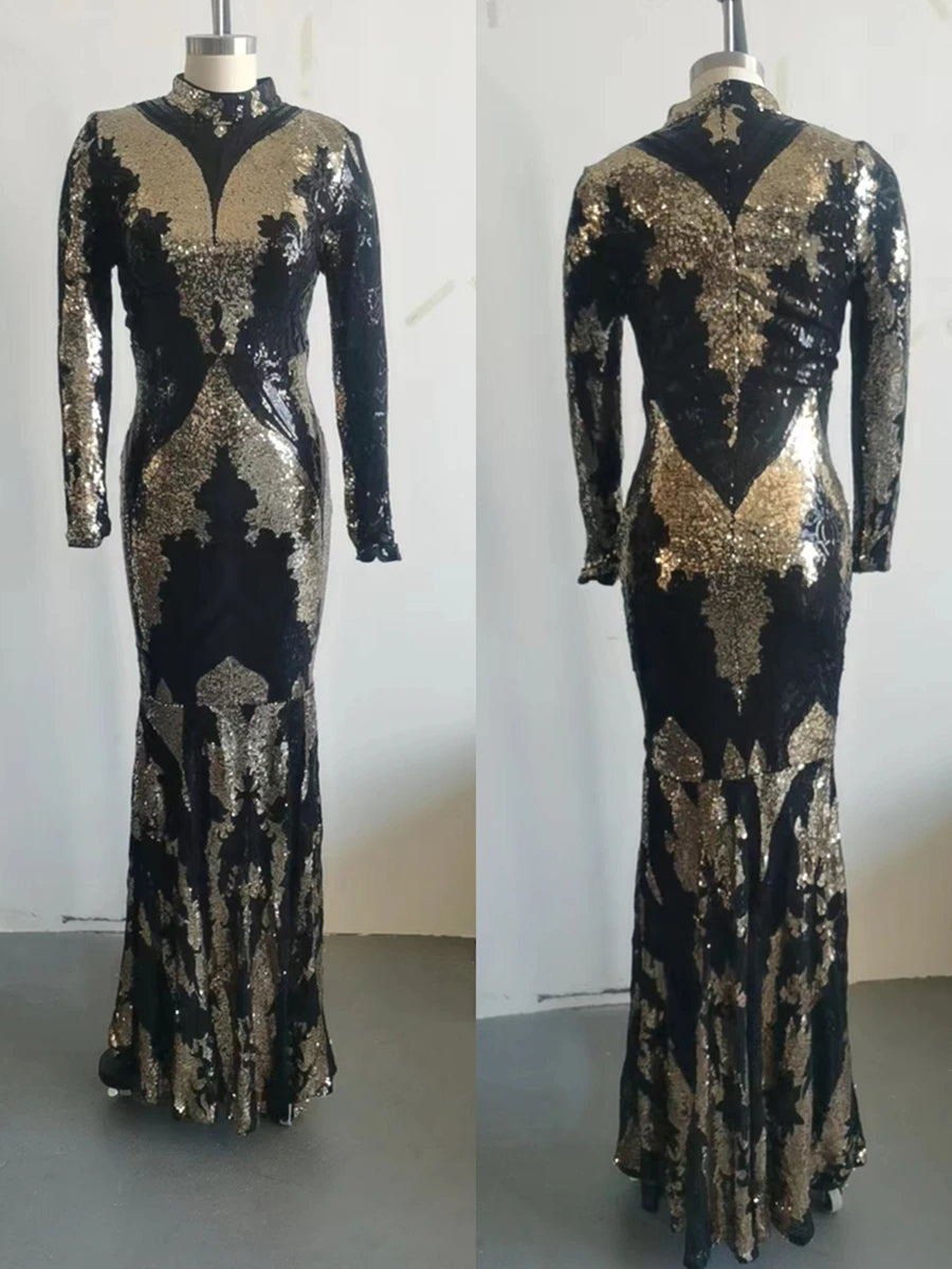 Gold Metallic Sequin Long Sleeve Bodycon Mermaid Evening Gown Party/Prom Dress