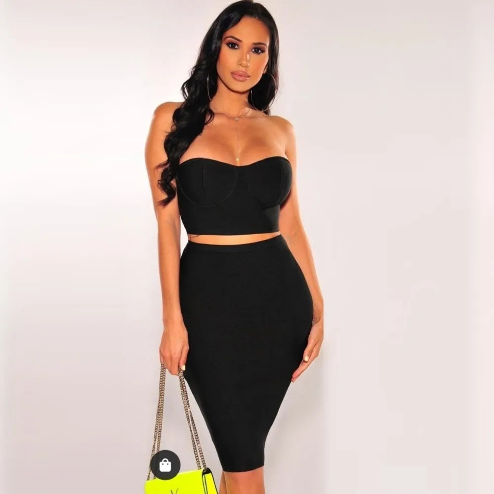 Sleeveless Solid Rayon Bandage Tube Corset Top + Bodycon Mini Skirt 2-Piece Set