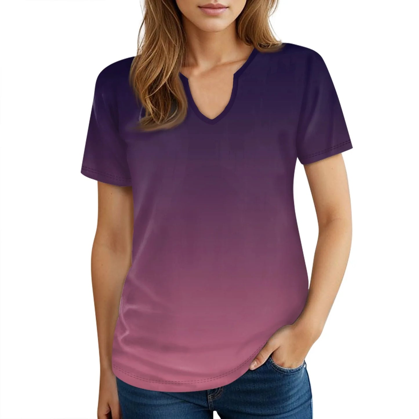 Gradient Rainbow Ombre Short Sleeve Loose Scoop V-Neck Women's T-Shirt