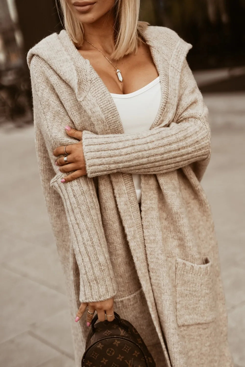 "Simply Live" Back Letter Heart Print Cardigan Lapel Wool Loose Cardigan Maxi Hoodie Sweater