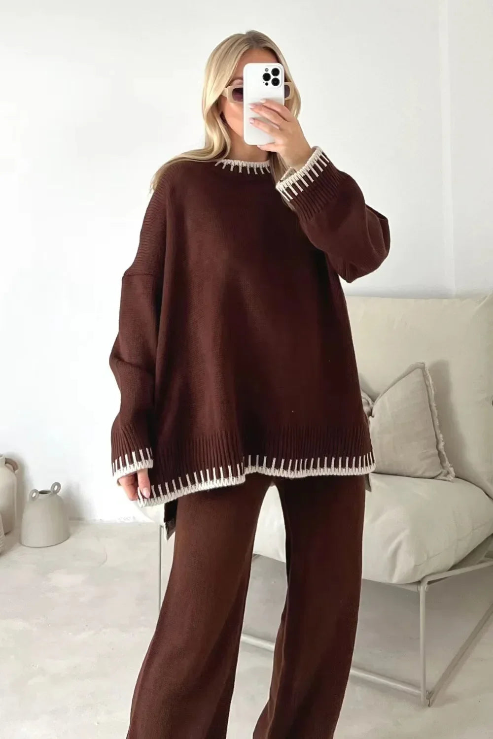 Striped Women's Knitted Split Sweater + Top Elastic High Waist Straight Pants 2-Piece Set