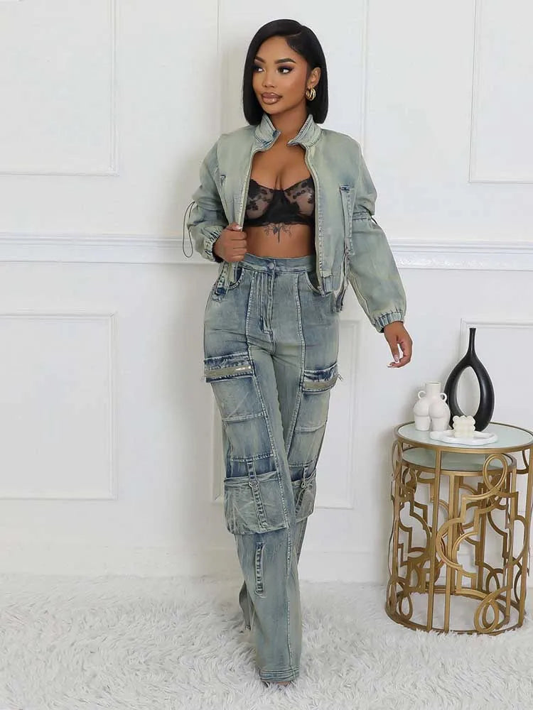 Faded Denim Light Blue Buckle Strap Detail Women's Long Sleeve Zipper Jean Jacket + Streetwear Cargo Pocketed Jeans 2-Piece Set