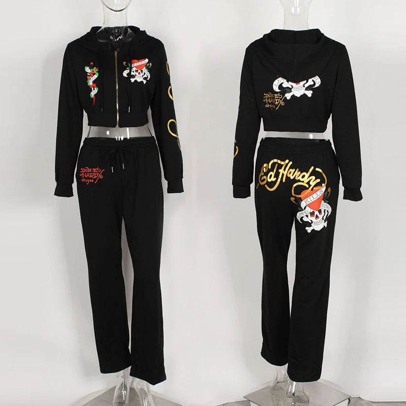 "Ed Hardy" Print Crop Zipper Hoodie Jacket + Drawstring Sweatpants Women's Tracksuit