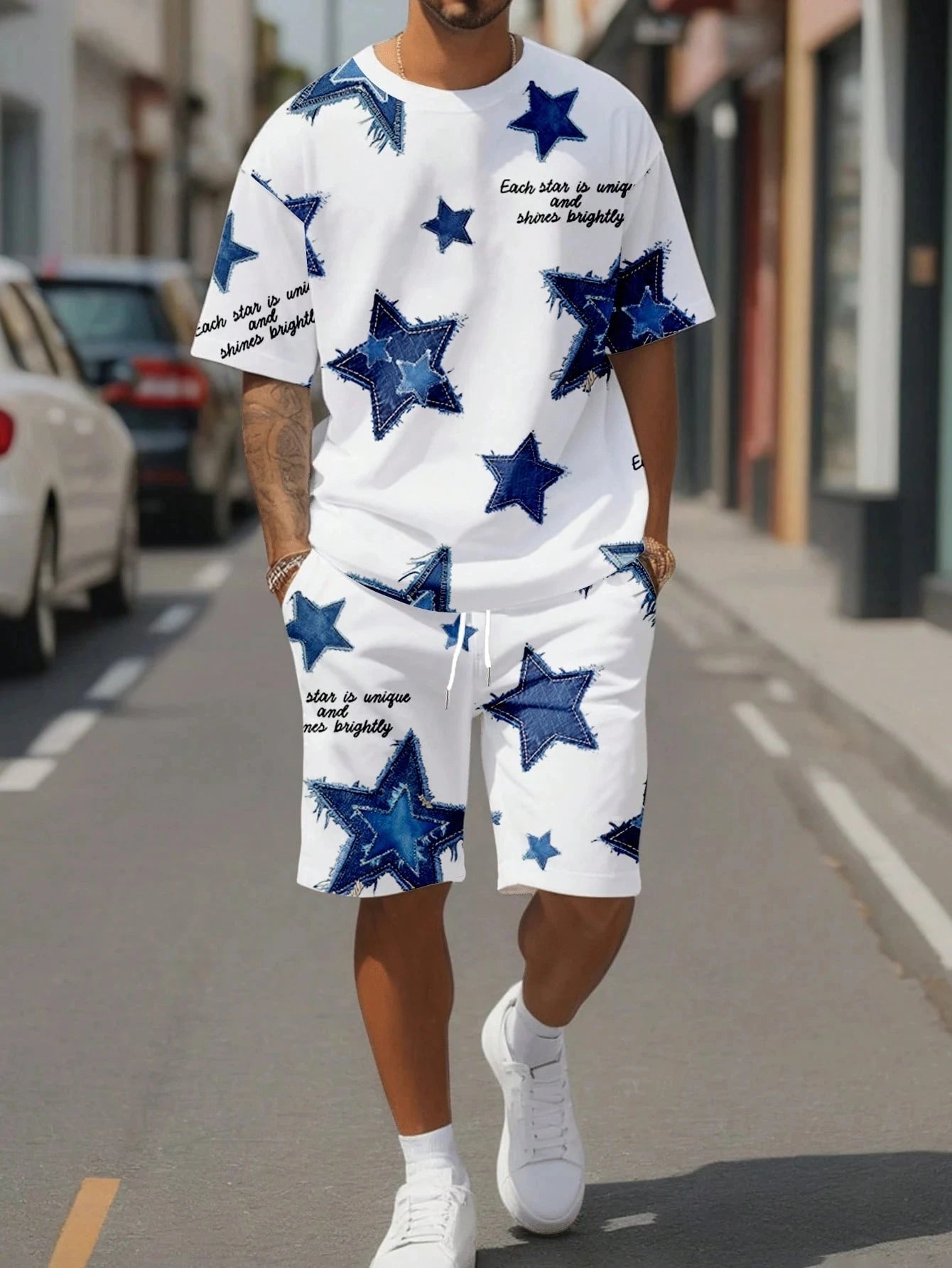 Men's Flower Print O-neck Short Sleeve T-Shirt + Elastic Waist Shorts 2-Piece Set
