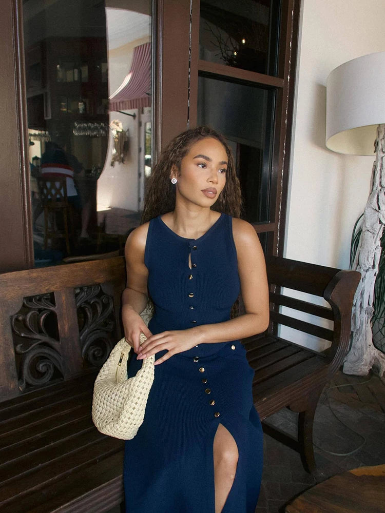 Ribbed Sleeveless Knitted O-Neck Button-Up Sleeveless Single Breasted Double Pocket Design Bodycon Sweater Dress