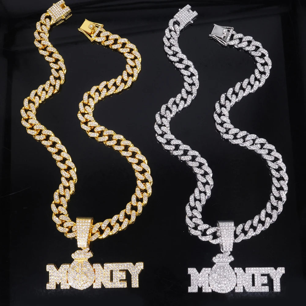 "Money" Iced Out Bling Rhinestone Chain Money Bag Dollar Sign Chain Necklace