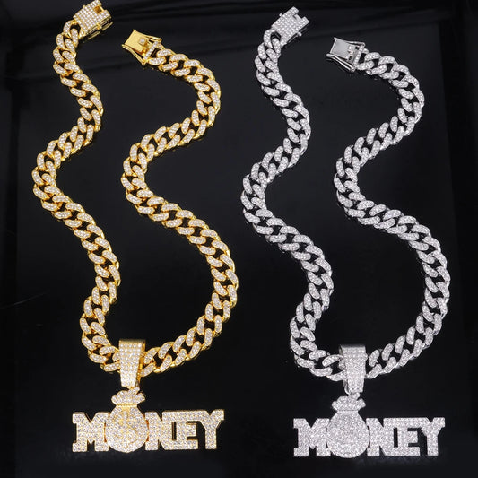 "Money" Iced Out Bling Rhinestone Chain Money Bag Dollar Sign Chain Necklace