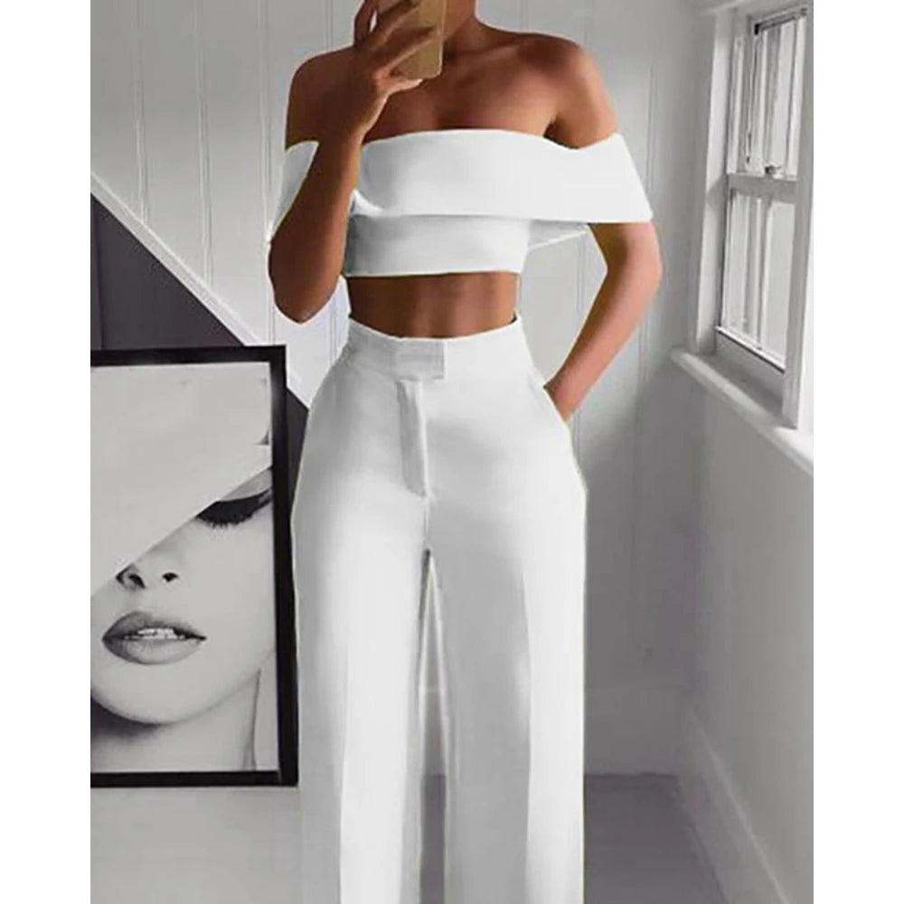 Off-the-Shoulder Solid Color Short Sleeve Crop Top & High Waist Pants 2-Piece Set