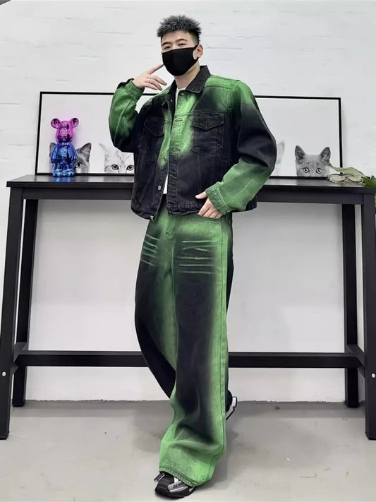Men's Denim Green/Black Colorblock Loose Cowboy Jean Jacket + Wide Leg Jeans 2-Piece Set