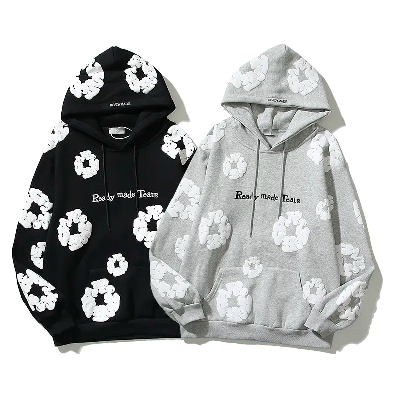 Retro Flower Print Embroidered Pullover Streetwear Oversized Fleece Hoodie Sweatshirt