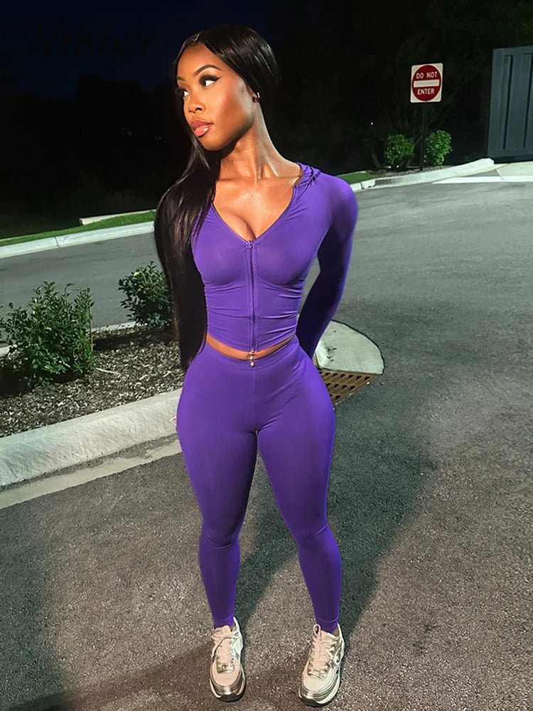 Bodycon Solid Color Women's Crop Zipper Fitness Hoodie Jacket + Workout Leggings Skin Tight Tracksuit