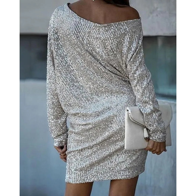 Sequined Long Sleeve Off Shoulder Slash Neck Formal Evening Dress