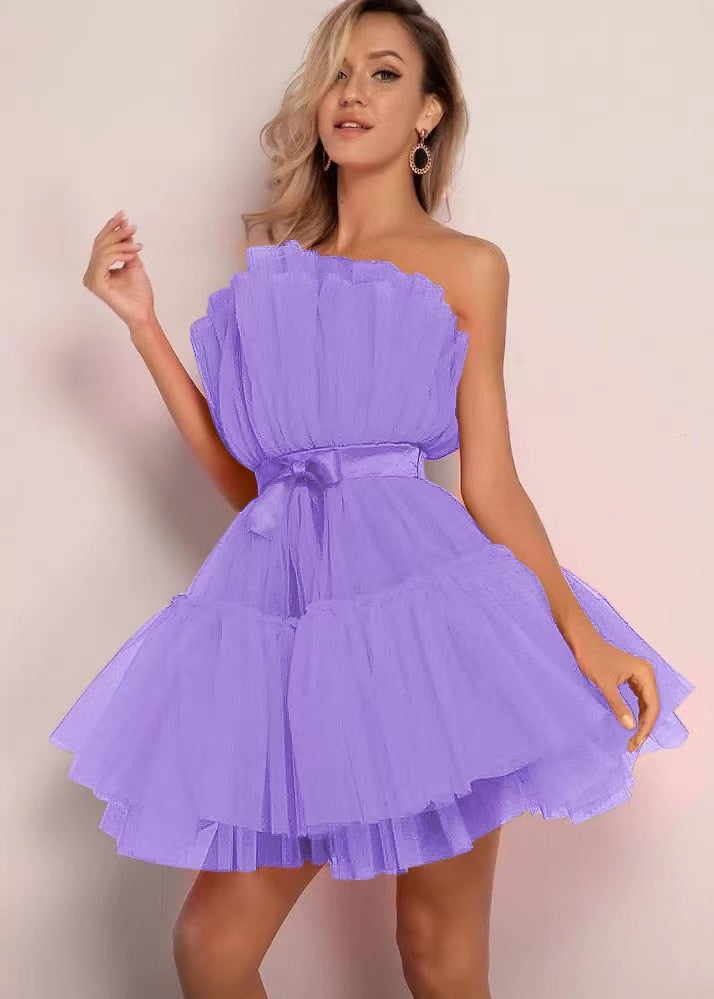 Ruffle Strapless Gauze Party Dress