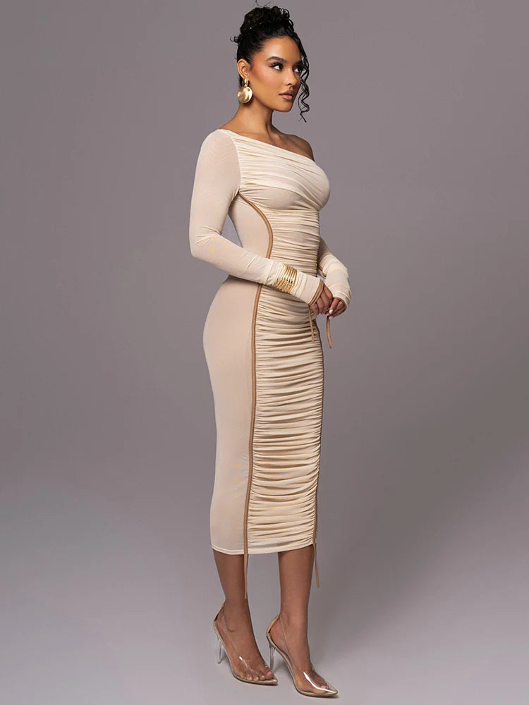 Ruched Diagonal Collar Long Sleeve Layered Mesh Backless Bodycon  Dress