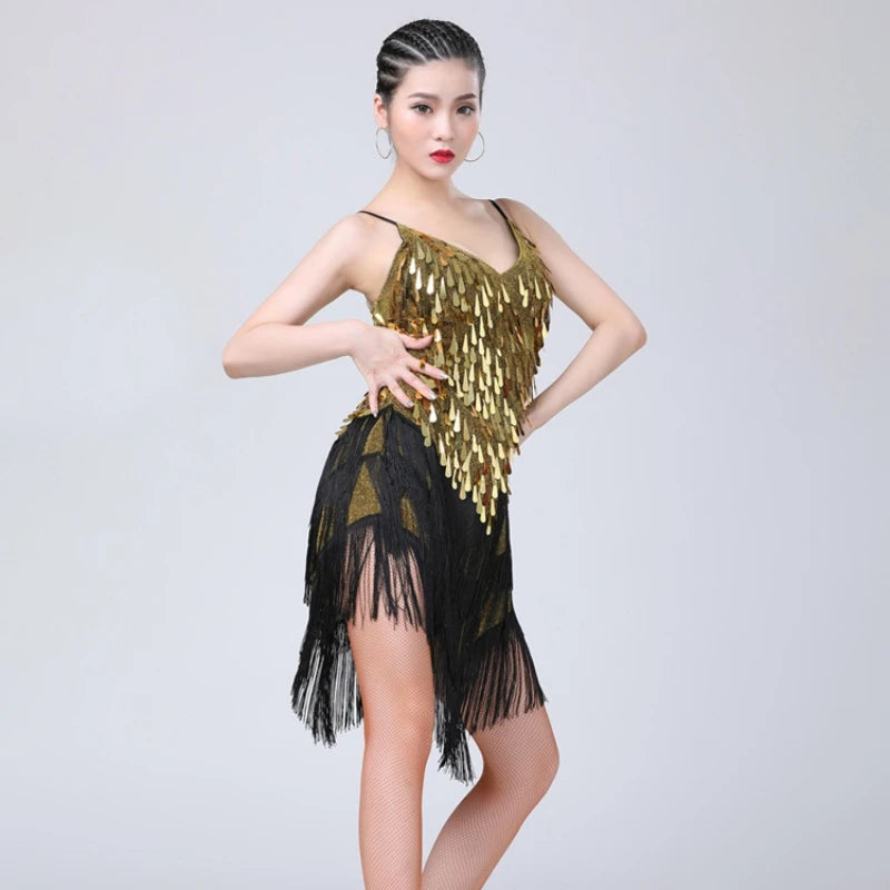 Sparkling Sequined Tassel Fringe Detail Salsa Samba Rumba Tango Latin Dance Flapper Dress