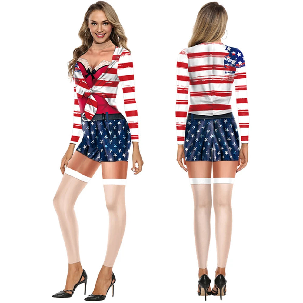 Striped 4th of July US Flag Print Bodycon Women's Long Sleeve Skinny Jumpsuit