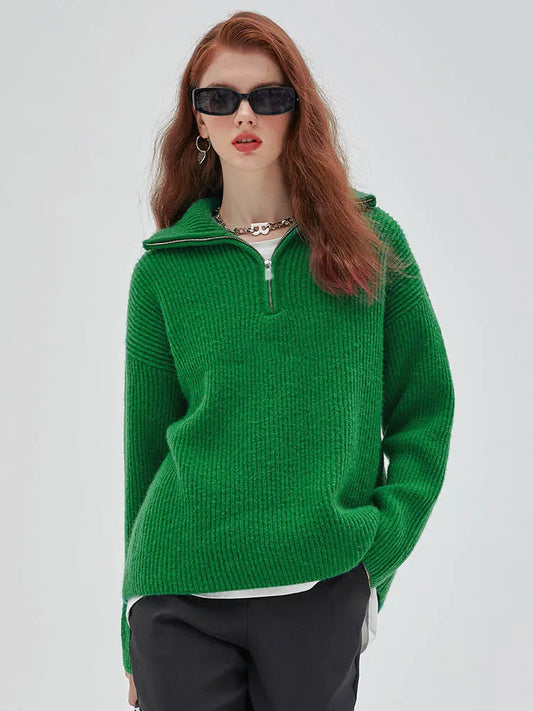 Loose Zipper Design Pullover Solid Turtleneck Knitted Women's Sweater