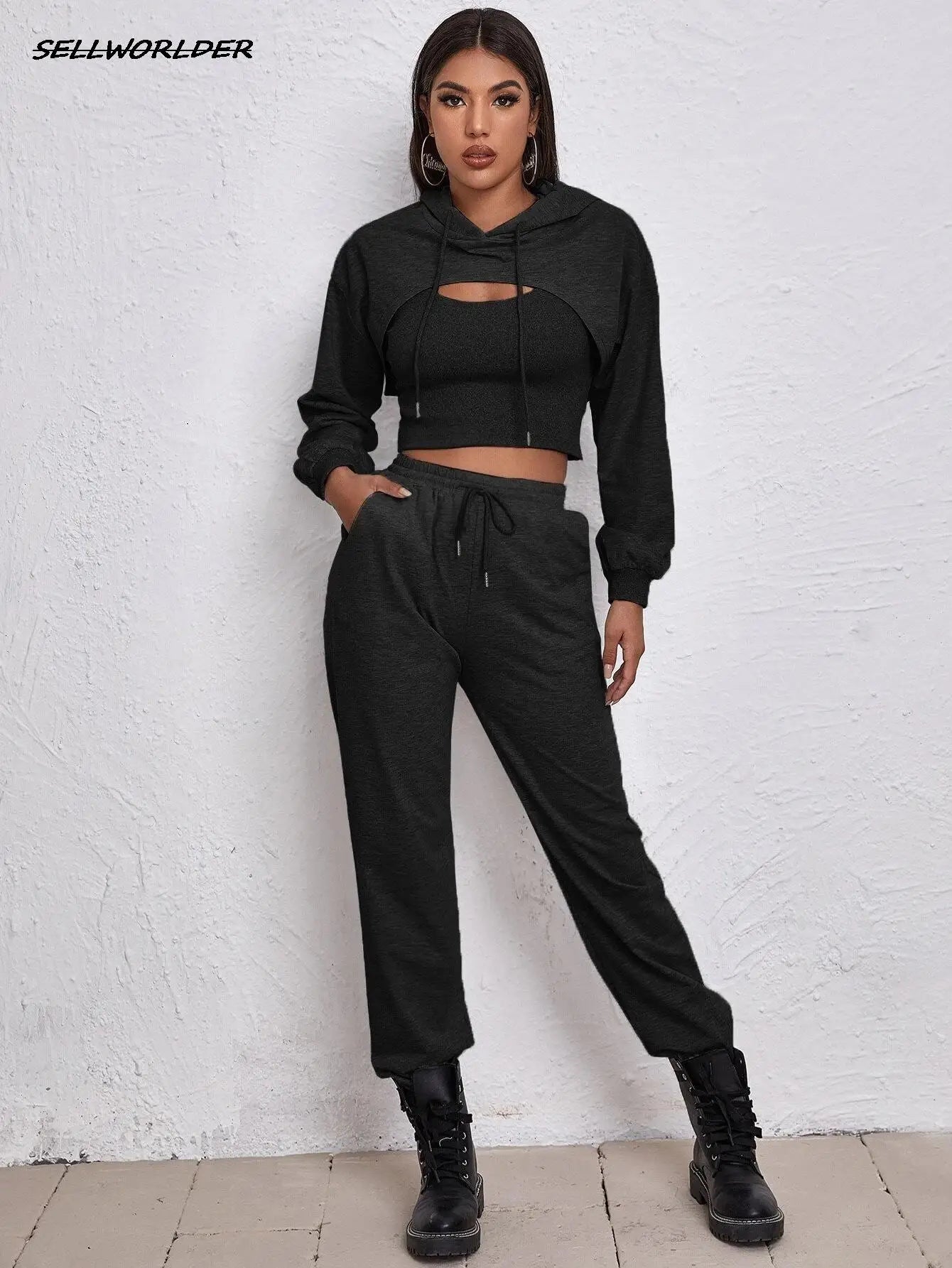 Cut-Out Pullover Hoodie Sweatshirt + Sweatpants Ladies 2-Piece Set