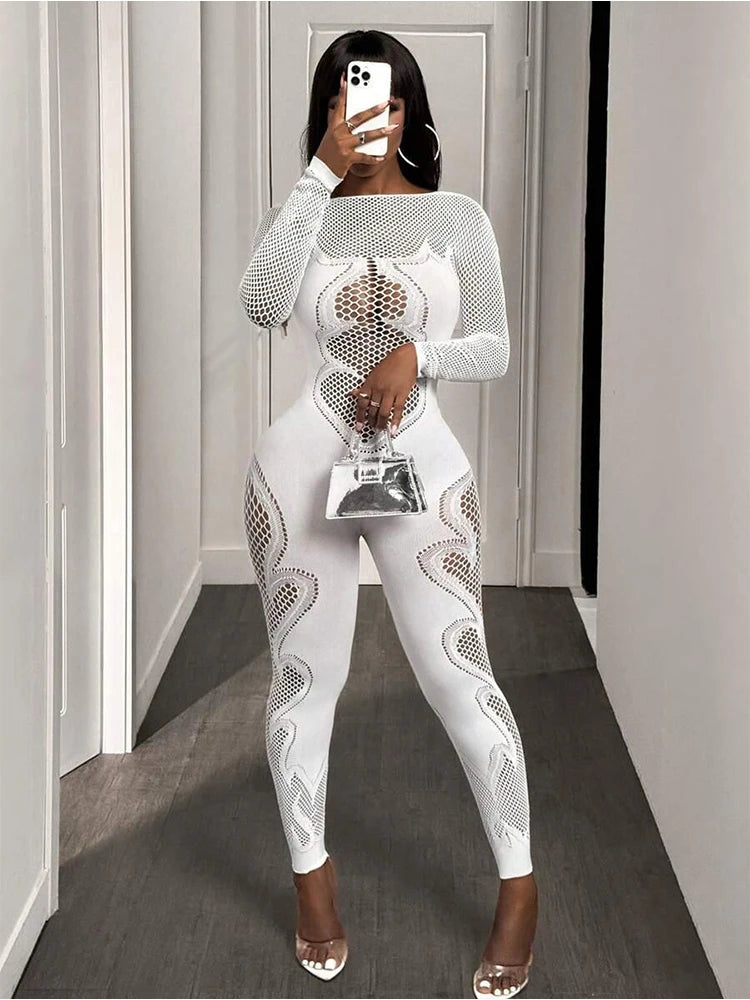 Sheer Mesh Long Sleeve Transparent Hollow-Out Body Stocking Jumpsuit