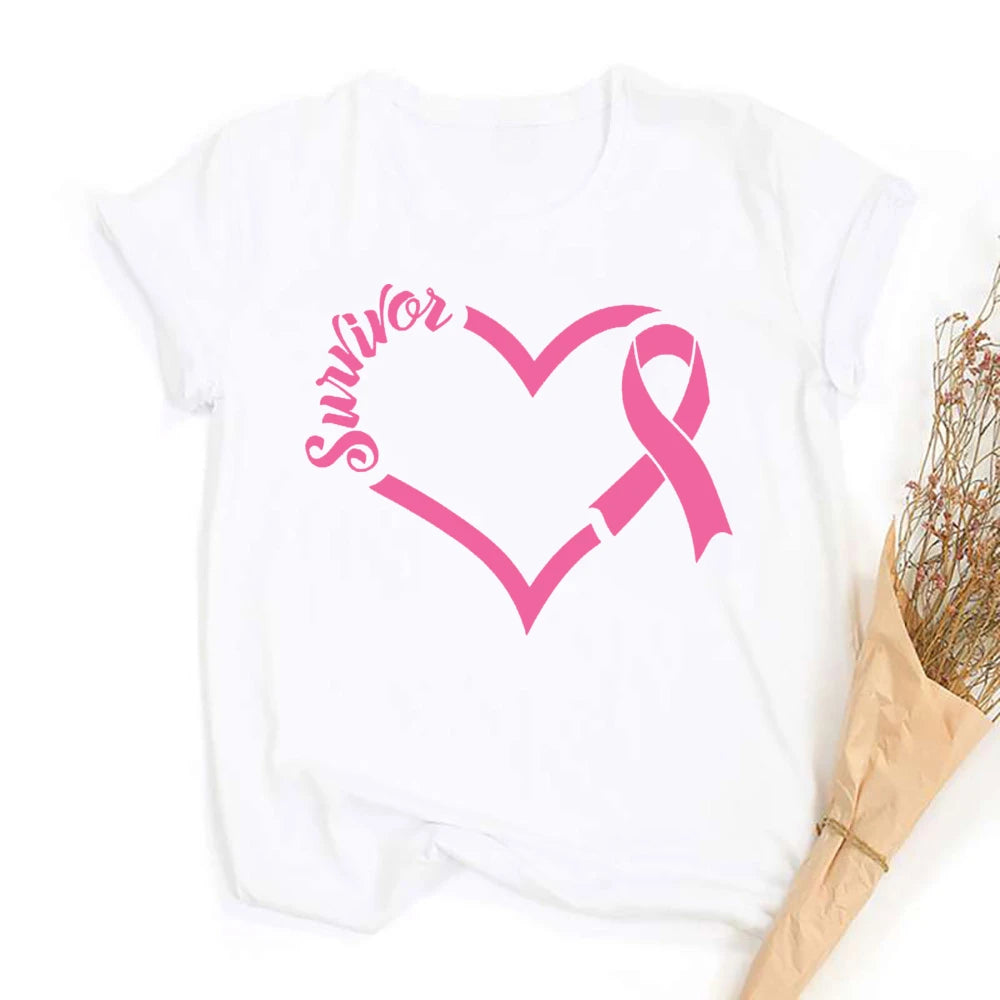 Heart Print Women's Pink Ribbon Breast Cancer Awareness T-Shirt