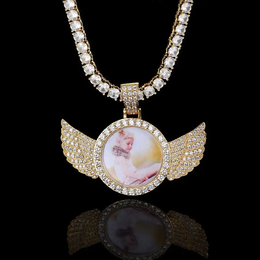 Customized Angel Wing Round Memory  Personalized Picture Pendant Tennis Chain Necklace