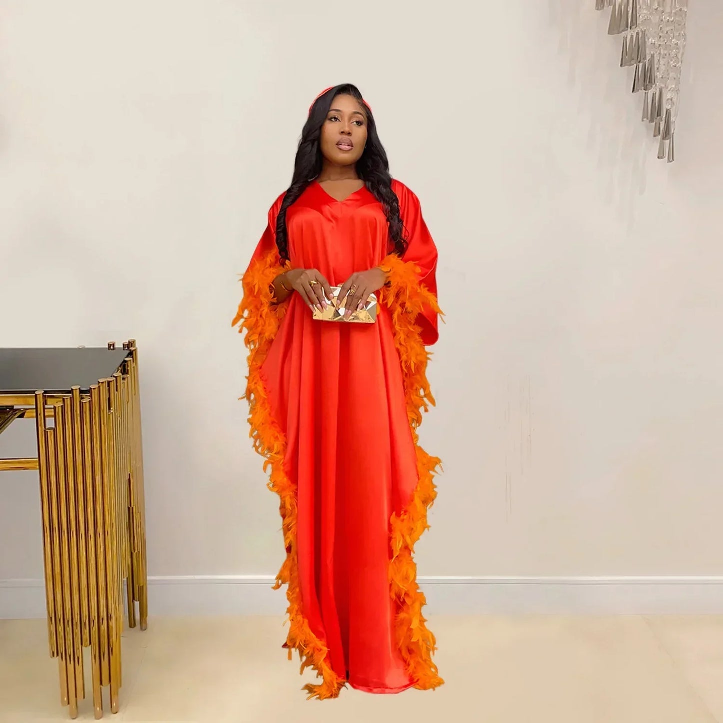 Oversized Satin Loose Feather Hem Design Batwing Long Sleeve V-Neck High Side Slit Formal Party Evening Robe Dress