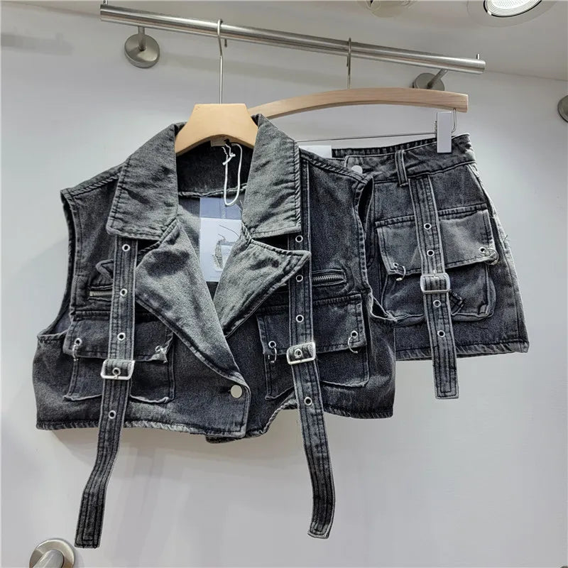 Retro Denim Cargo Big Pocketed Cropped Jacket + Mini Skirt 2-Piece Set