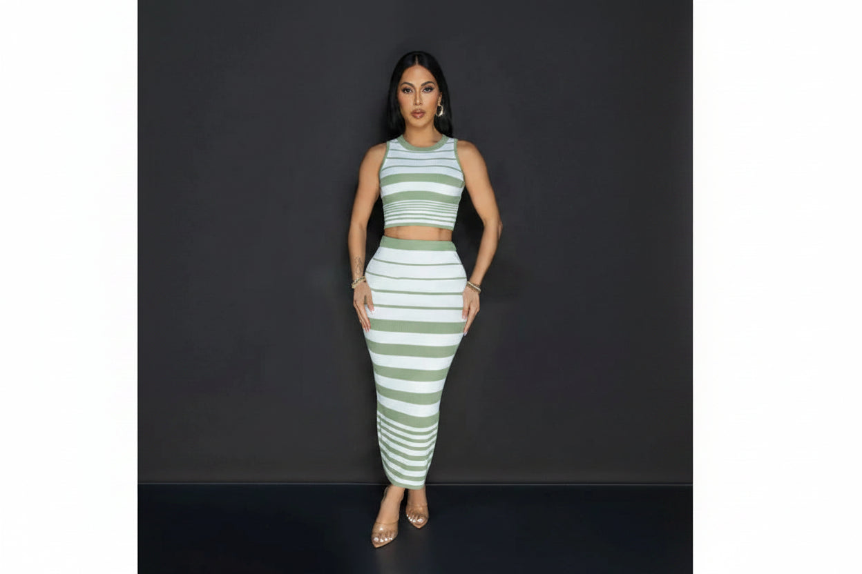 Striped Round Neck Sleeveless Crop Top + Bodycon Maxi Skirt Women's 2-Piece Set