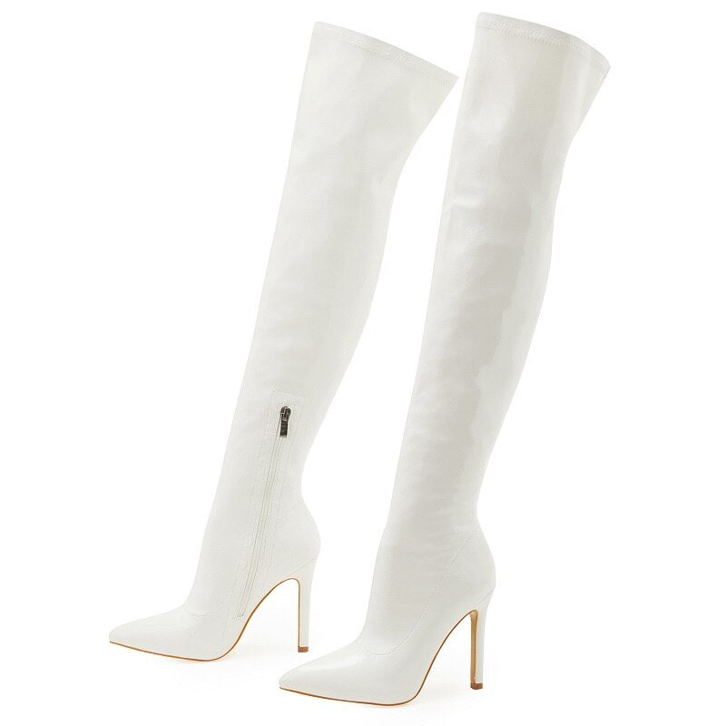 Patent Leather Stiletto Heel Over-the-Knee Pointed Toe Boots