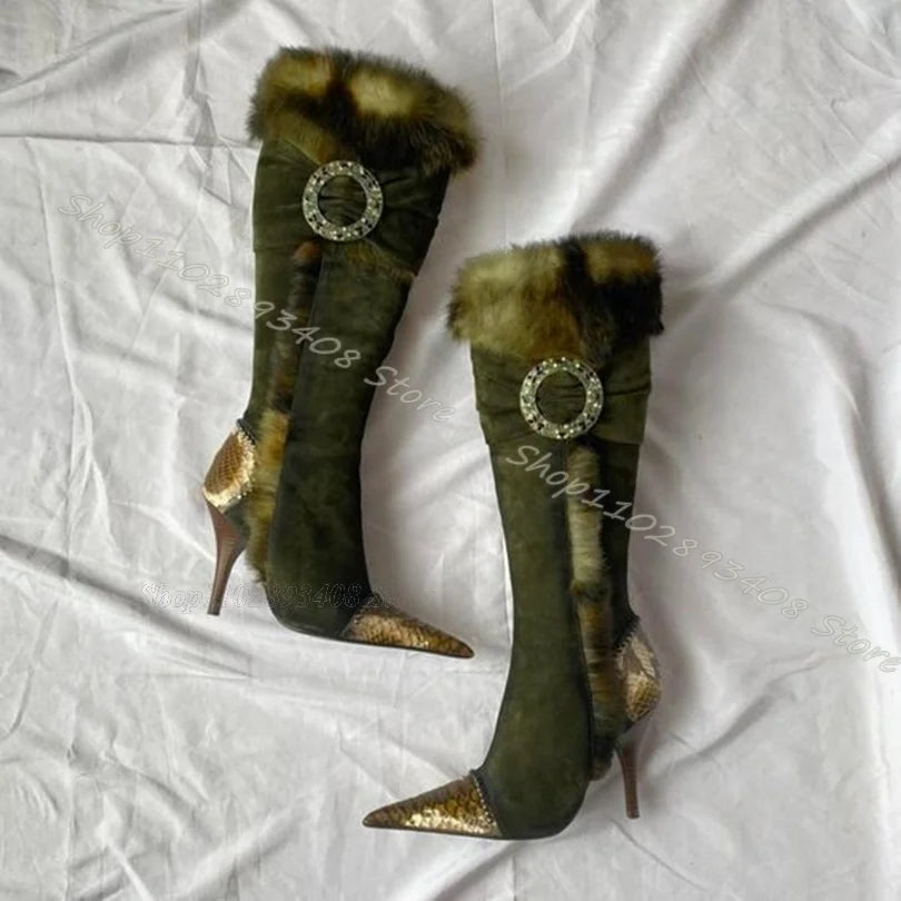 Camoflauge Fur Decor Patchwork Design Side Zipper Pointed Toe Stiletto Heel Women's Boots