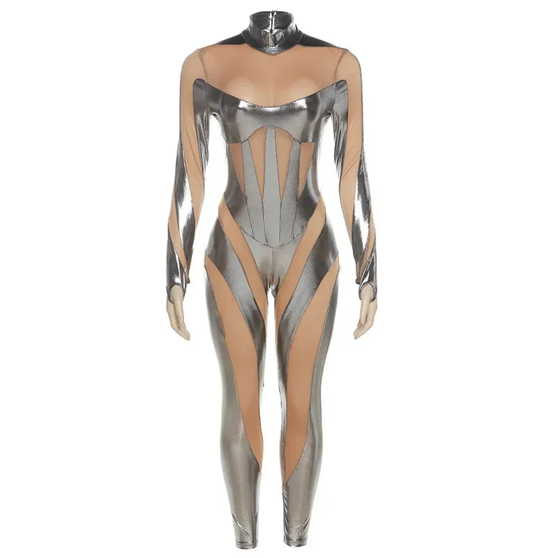 Silver Metallic Faux Leather Mesh Transparent Colorblock Striped Hollow-Out Long Sleeve Skinny Bodycon Jumpsuit