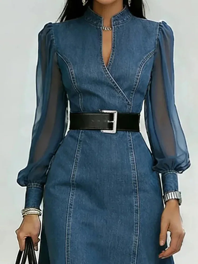 Denim Transparent Sheer Long Lantern Sleeve V-Neck Belted Midi Jean Dress
