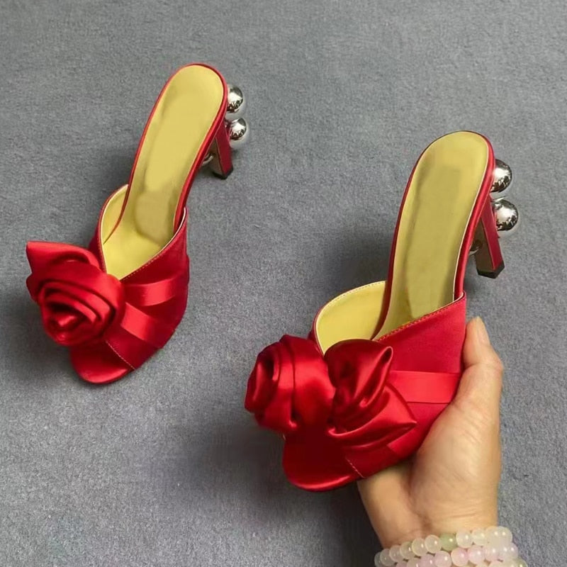 Satin Flower Bow Gladiator Open Toe Mule Sandals