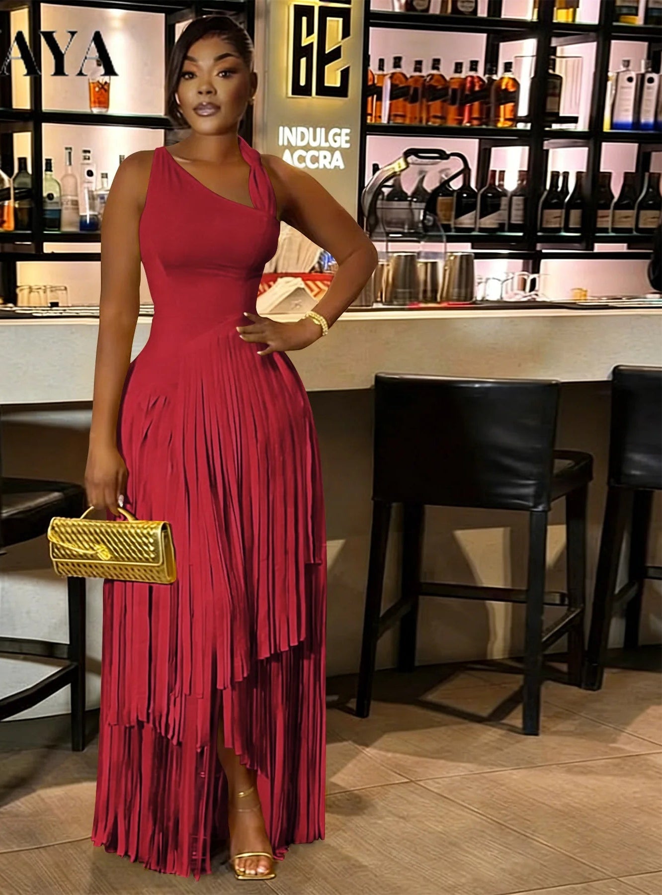 Sleeveless Asymmetrical Tassel Fringe Hem Design Skew Collar Maxi Party Dress