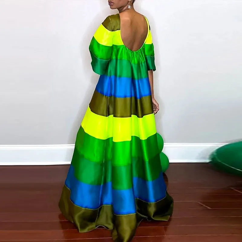 Rainbow Striped Bohemian Oversized Loose 1/2 Sleeve Backless O-Neck Maxi Dress