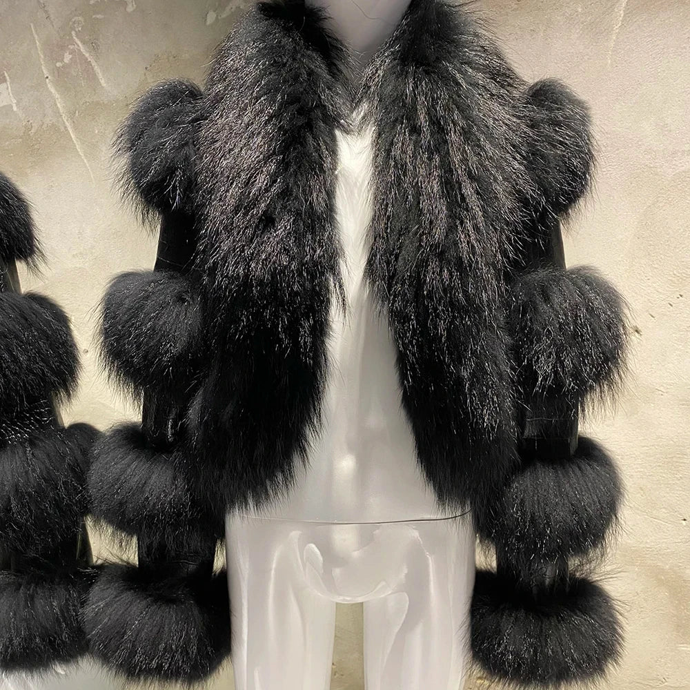 Real Raccoon Fur Hip-Hop Colorblock Design Paneled Women's Streetwear Jacket