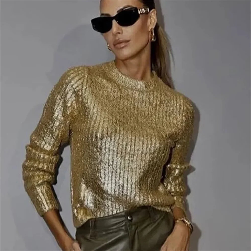 Gold Metallic Women's Fragmented Loose Round Neck Knitted Long Sleeve Top