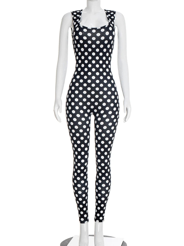 Black/White Polka Dot Print Backless Sleeveless Square Neck Women's Skinny Jumpsuit