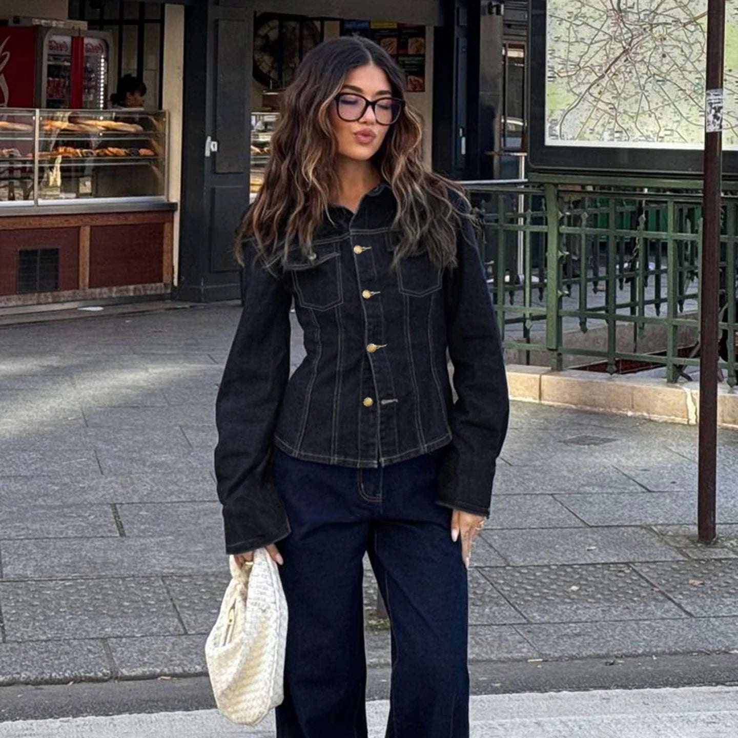 Denim Dark Blue Gold Button Detail Long Sleeve Turn-Down Collar Solid Color Women's Jean Jacket