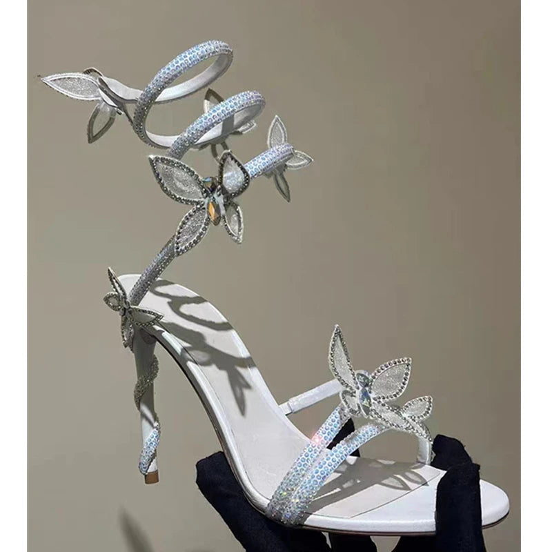 Crystal Butterfly Embellished Detail Spiral Coiled Band Strap High Heel Gladiator Sandal Pumps