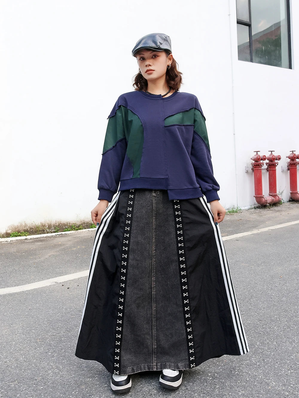 240939 European American Personalized Buttons Woman A-E Skirt Loose Plus Size Patchwork Denim Long Skirts Faldas Mujer Saias