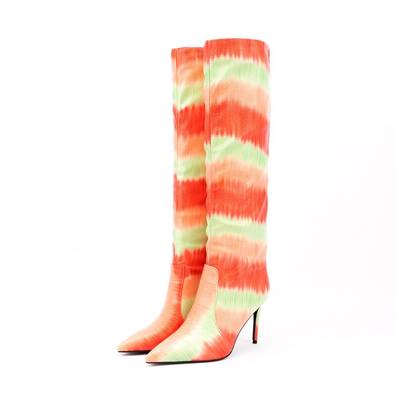 Colorful Striped Snake Print Stiletto Pointed Toe Knee High Boots