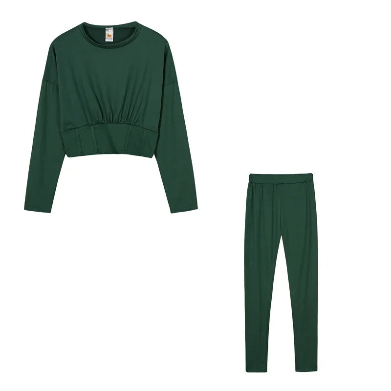 Ruched Fitted O-Neck Solid Color Women's Long Sleeve Crop Top + Leggings Tracksuit